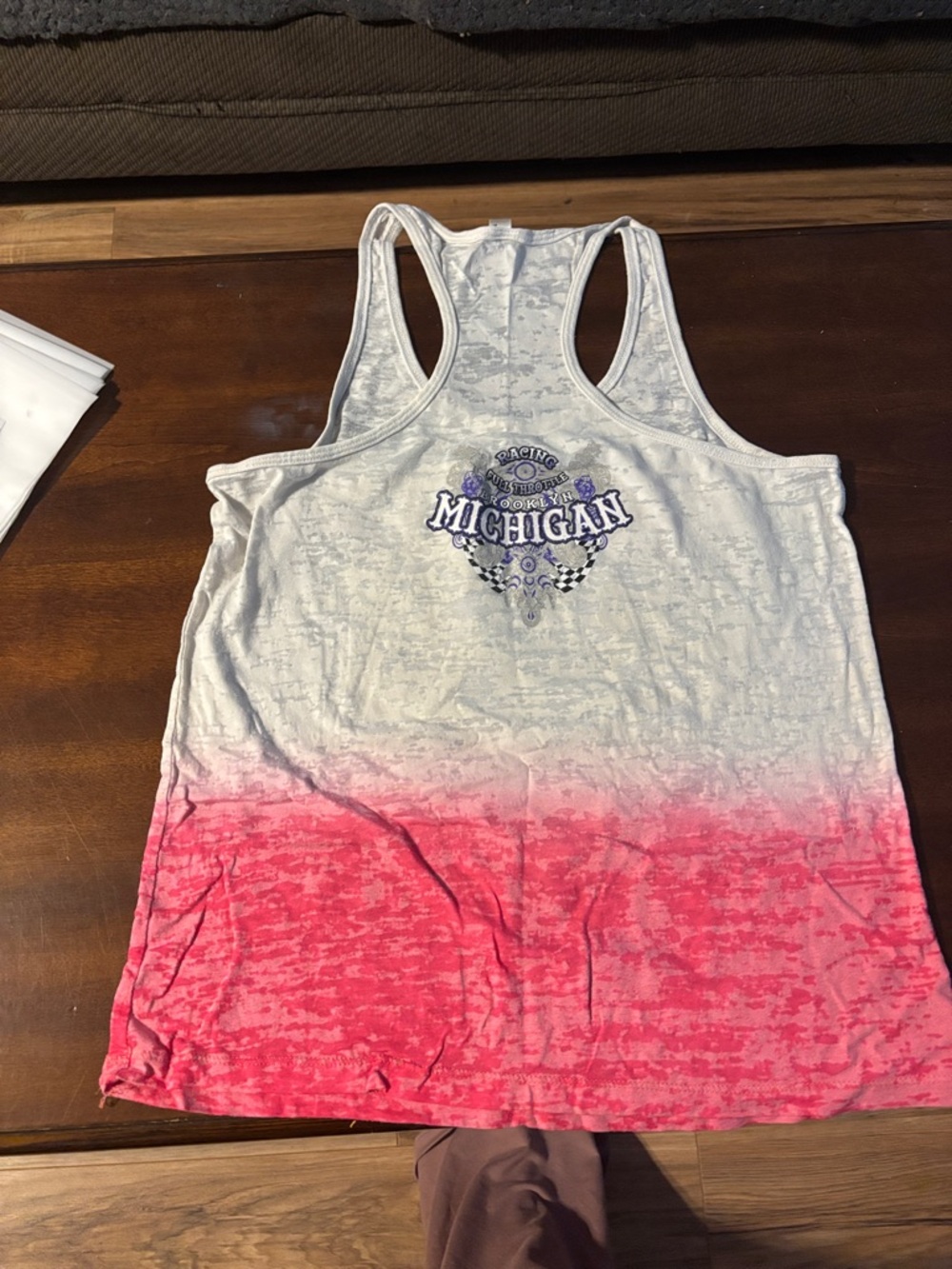 Source Unknown Pink and White Ombre Michigan Racerback Tank